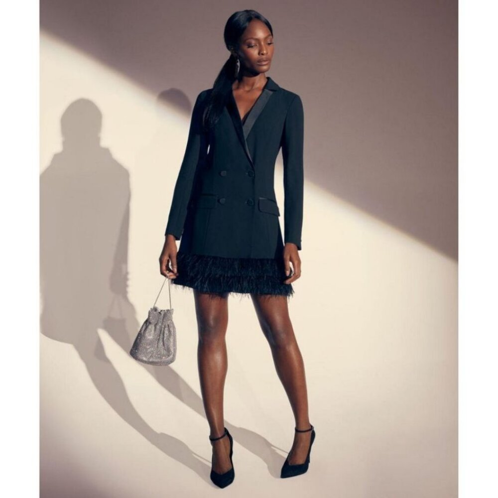 Parker Jax Blazer Dress with Faux Feather Trim Black Size 6